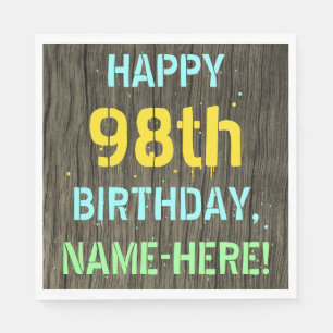 Faux Wood, Painted Text Look, 98th Birthday + Name Napkin