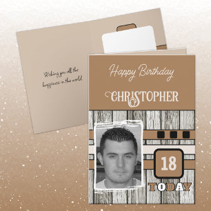 Faux wood rustic 18th brown photo birthday card