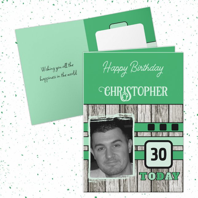 Faux wood rustic 30th green photo birthday card (Creator Uploaded)