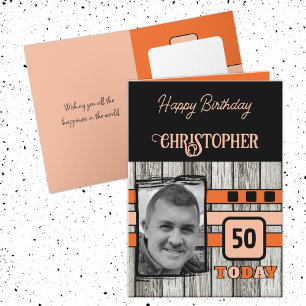 Faux wood rustic 50th orange photo birthday card