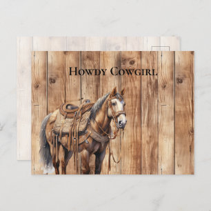 Faux Wood Western Cowboy Cowgirl Horse Howdy Postcard