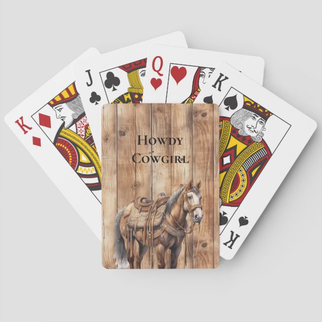 Faux Wood Western Cowboy Cowgirl Horse  Playing Cards (Back)