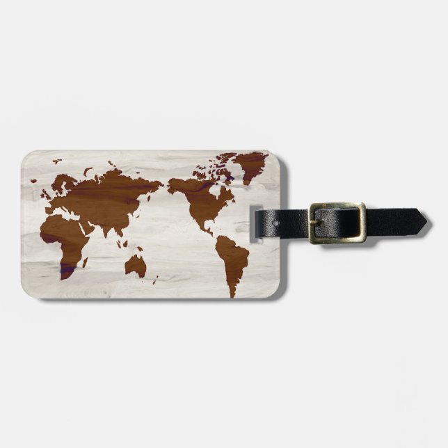 Faux Wood World Map Custom Luggage Tag (Front Horizontal)