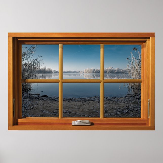 Faux Wooden Window Illusion - Frosty Winter View Poster (Front)
