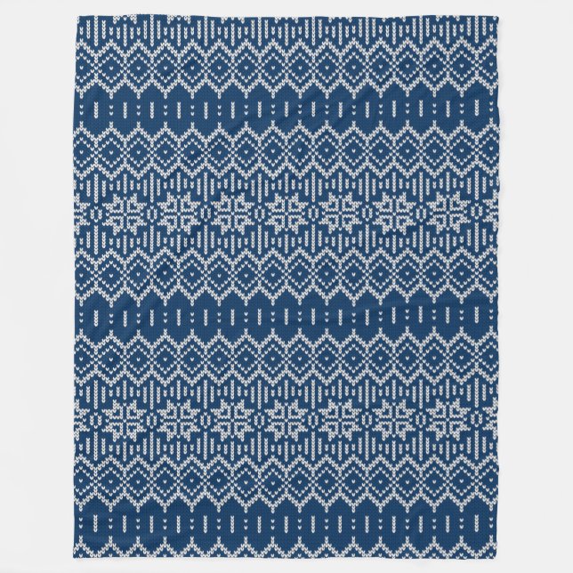 Faux Wool Knitting Pattern Blue White Fleece Blanket (Front)