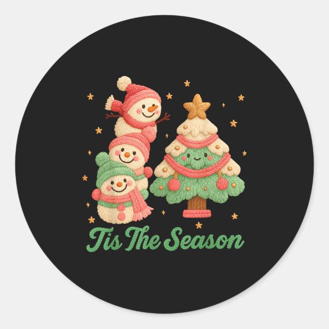 Faux Yarn Crochet Snowman And Christmas Tree  Classic Round Sticker (Front)