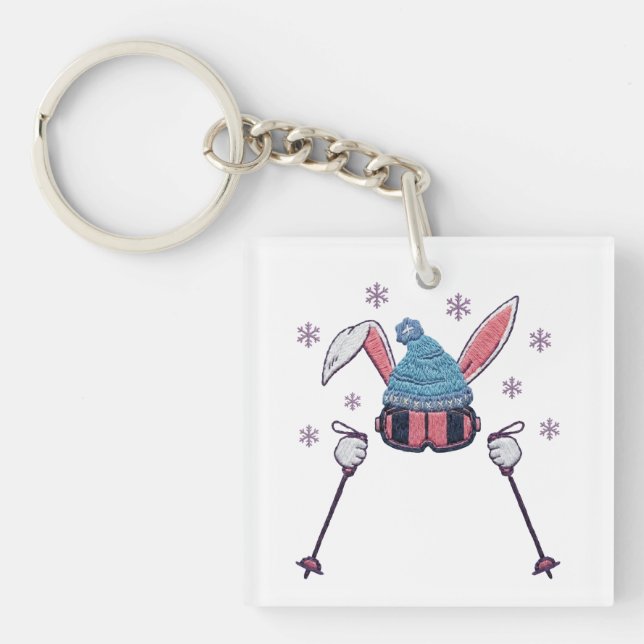 Faux yarn skiing rabbit winter humor key ring (Front)