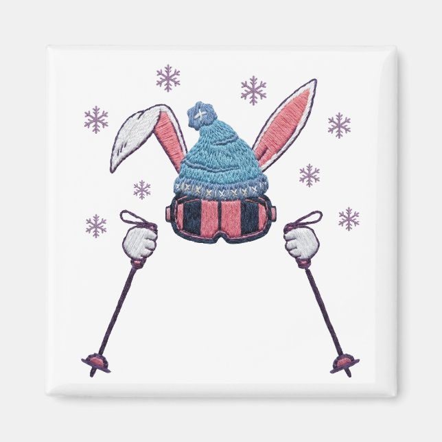 Faux yarn skiing rabbit winter humor magnet (Front)