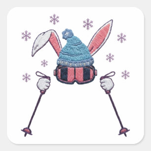 Faux yarn skiing rabbit winter humor square sticker