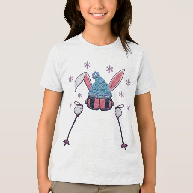 Faux yarn skiing rabbit winter humor Tri-Blend shirt (Front)