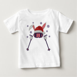 Faux yarn skiing rabbit with Santa hat winter humo Baby T-Shirt