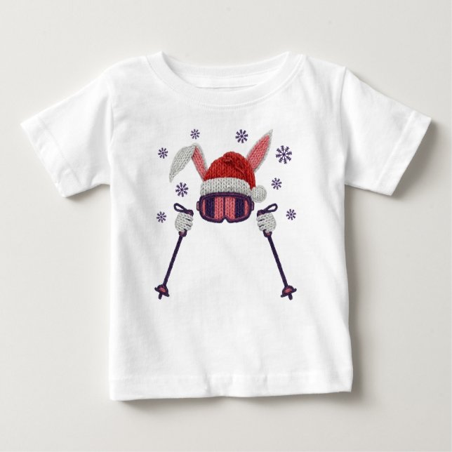 Faux yarn skiing rabbit with Santa hat winter humo Baby T-Shirt (Front)
