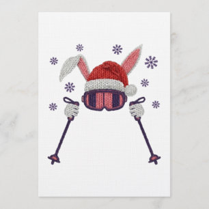 Faux yarn skiing rabbit with Santa hat winter humo Invitation