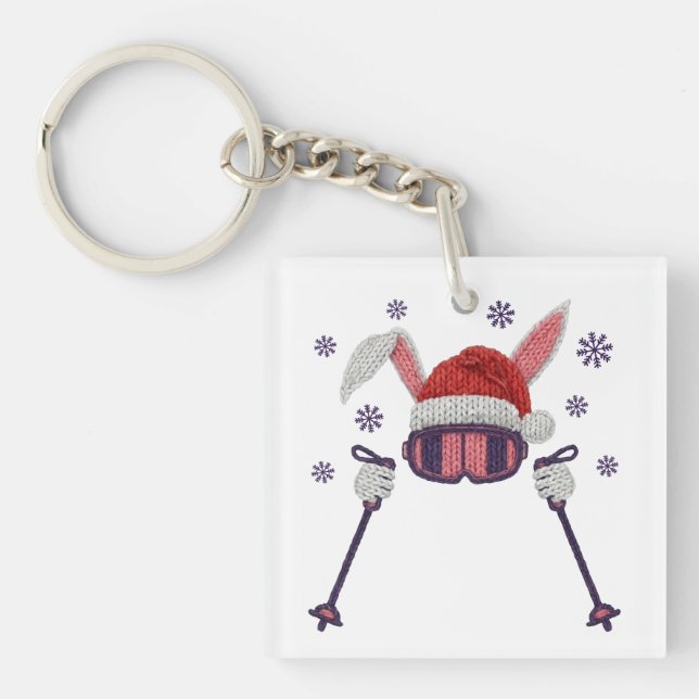 Faux yarn skiing rabbit with Santa hat winter humo Key Ring (Front)
