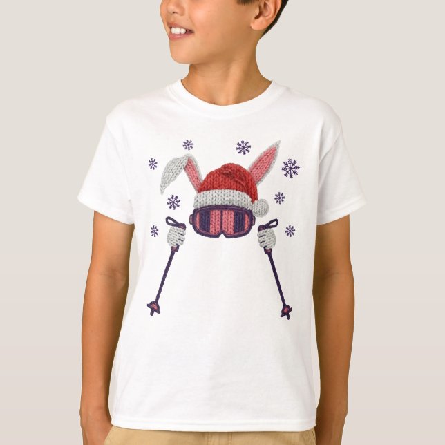 Faux yarn skiing rabbit with Santa hat winter humo T-Shirt (Front)