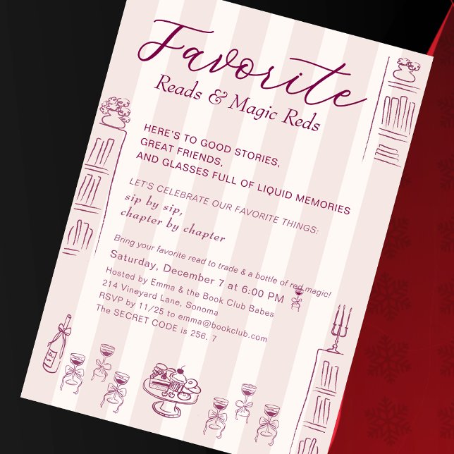 Favorite Things Holiday Book Club Wine Theme Party Invitation (Favorite Things Holiday Book & Wine Club Party Millennials Preppy Bookish Party Invitation)