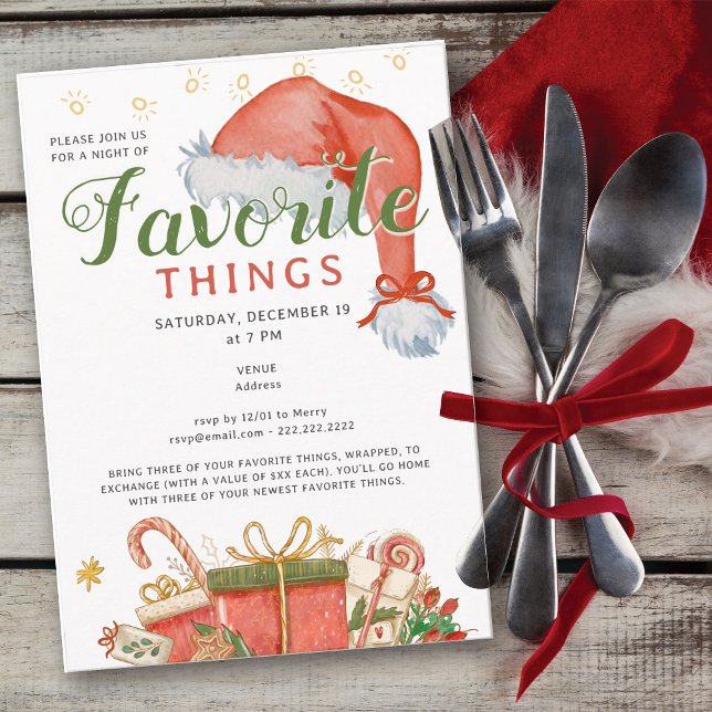 Favorite Things Party Holiday Fav Gift Exchange Invitation (Favorite Things Party Holiday Red Gift Exchange Secret Santa White Elephant Office Family & Friends)