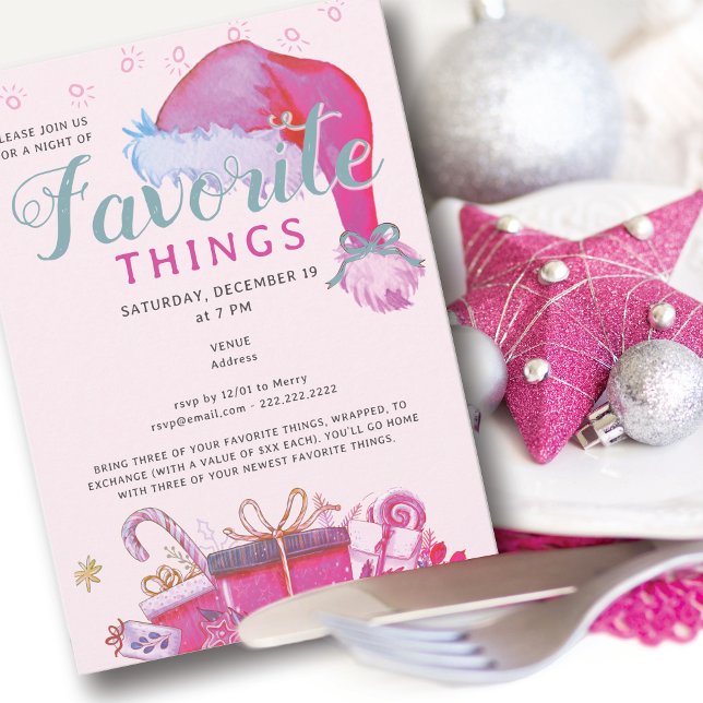 Favorite Things Party Holiday Pink Gift Exchange Invitation (Favorite Things Party Holiday Pink Gift Exchange Secret Santa White Elephant Office Family & Friends)