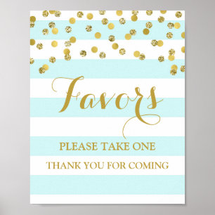 Favors Baby Shower Sign Blue Stripe Gold Confetti