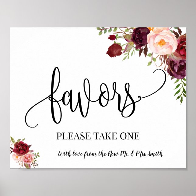 Favors party sign wedding reception boho marsala (Front)