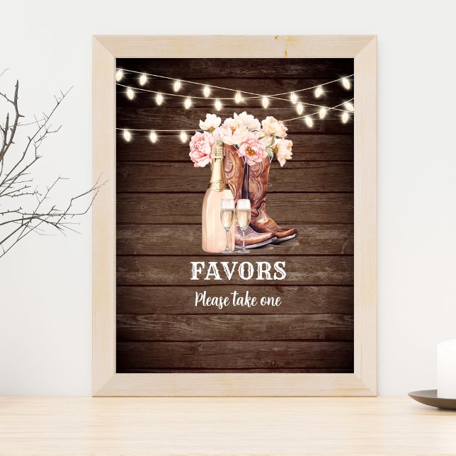 FAVORS sign Cowgirl Boots Champagne Bridal Shower (Rustic western boots and bubbly favors sign)