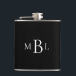 Favour Bachelor Party White Monogram Black Flask<br><div class="desc">Black Flask. White Monogram.  Groomsmen gift.  favour.</div>