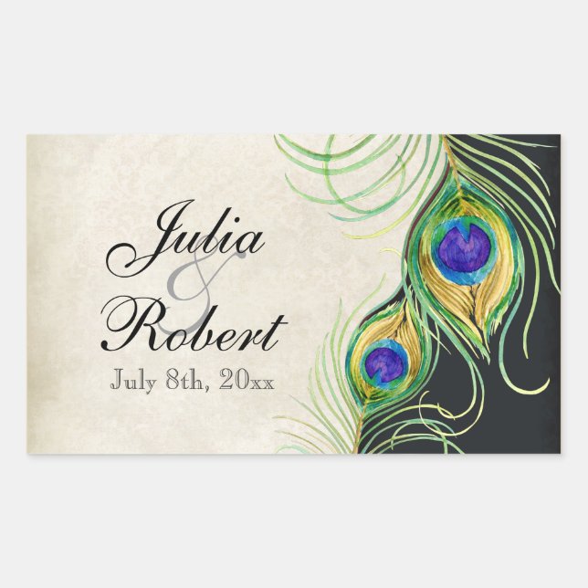 Favour Gift Sticker - Peacock Feathers Wedding Sea (Front)