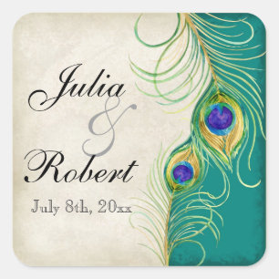 Favour Gift Sticker - Peacock Feathers Wedding Sea