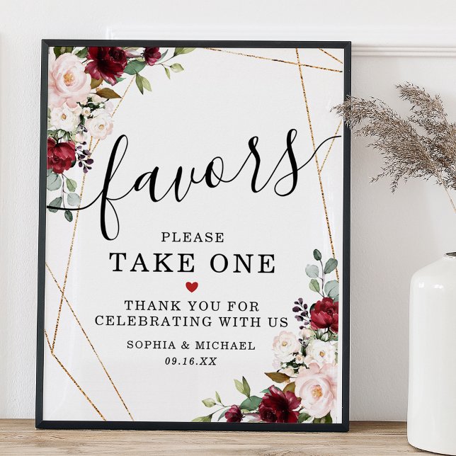 Favour Please Take One Burgundy Bouquet Gold Shape Poster (Favor Please Take One Burgundy Bouquet Gold Shape Poster)