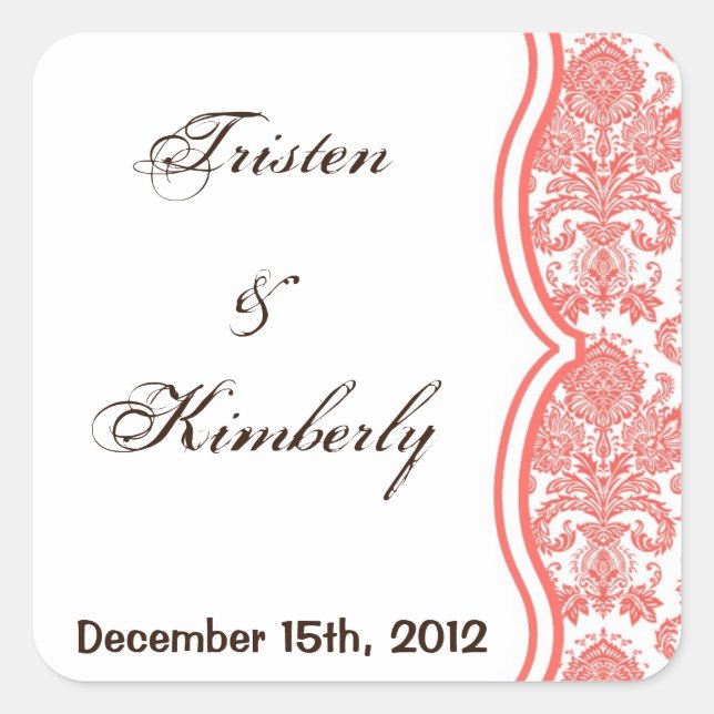 Favour Stickers Coral Pink White Damask Lace Print (Front)