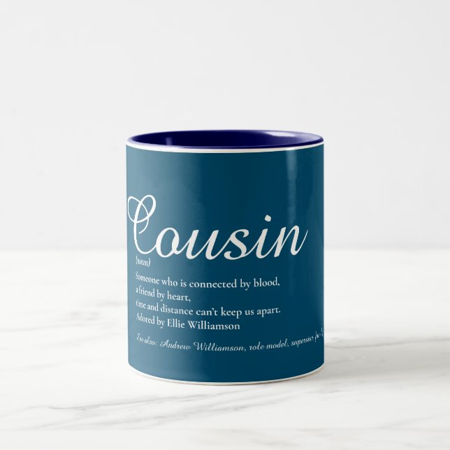 Favourite Best Ever Cousin Definition Script Blue Two-Tone Coffee Mug (Center)