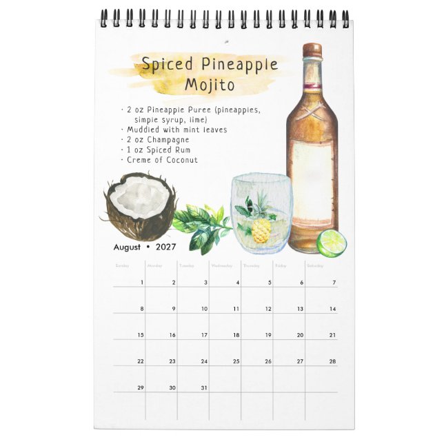 Favourite Cocktail Recipes | Watercolor Illustrate Calendar (Aug 2027)