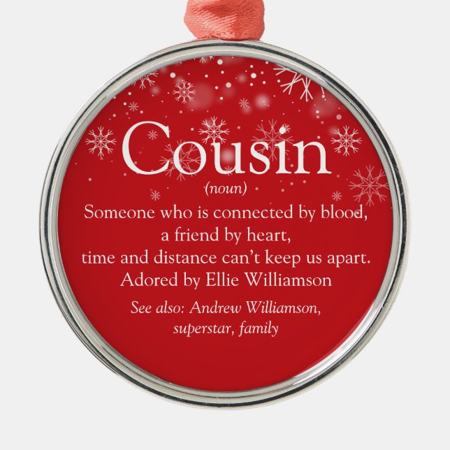 Favourite Cousin Definition Christmas Holiday Metal Tree Decoration (Front)