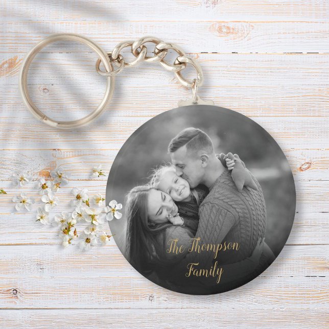 Favourite Family Black and White Photo Gold Script Key Ring (Creator Uploaded)