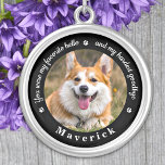 Favourite Hello Hardest Goodbye Photo Pet Memorial Silver Plated Necklace<br><div class="desc">Honour your best friend with a custom photo pet memorial necklace. This unique memorial keepsake is the perfect gift for yourself, family or friends to pay tribute to your loved one. This unique dog memorial necklace features a simple black and white design with decorative script. Quote "You were my favourite...</div>