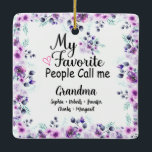 Favourite People Call Me Grandma | Grandkids Name Ceramic Ornament<br><div class="desc">What a delightful and personalised gift! This Ceramic Ornament features a beautiful purple floral design, accompanied by the grandkids' names. The Ceramic Ornament is perfect for Grandma to wear while cooking up a storm in the kitchen, and the personalised touch will make her feel loved and cherished. making it a...</div>