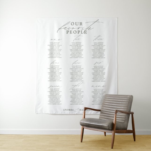 Favourite People Green Sage Wedding Seating Chart Tapestry (In Situ)