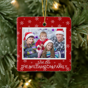 Favourite Photo on Christmas Red with Snowflakes Ceramic Ornament