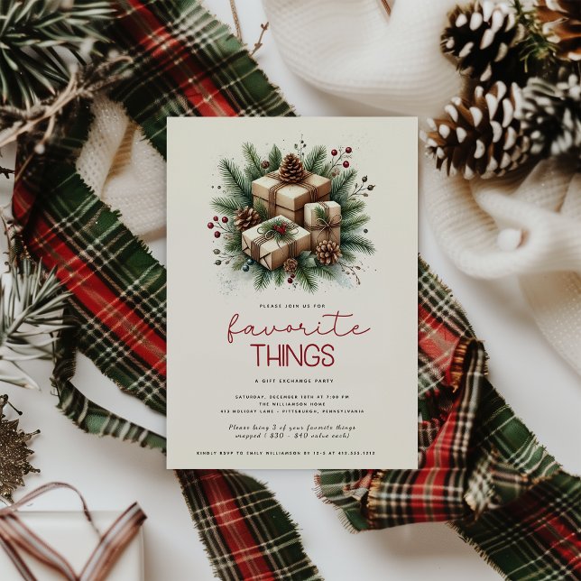Favourite Things Festive Christmas Gift Exchange  Invitation (Favorite Things Christmas Party Invitation )