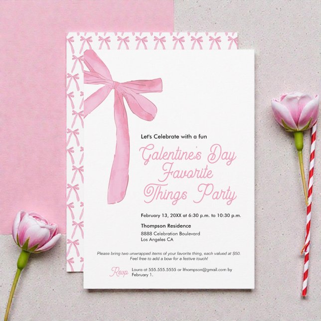 Favourite things Galentine's Party Pink Bow Theme Invitation (Coquette ribbon bows Galentine’s favorite things party invitation )