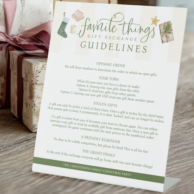 Favourite Things Gift Exchange Guidelines Rules Pedestal Sign (Shown on a 10" x 12" pedestal sign)