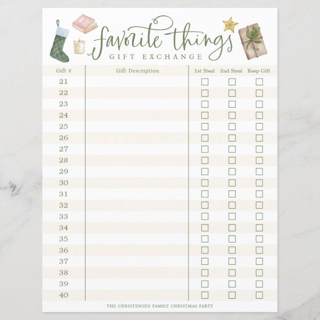 Favourite Things Gift Exchange Tracker #21-40 (Front)