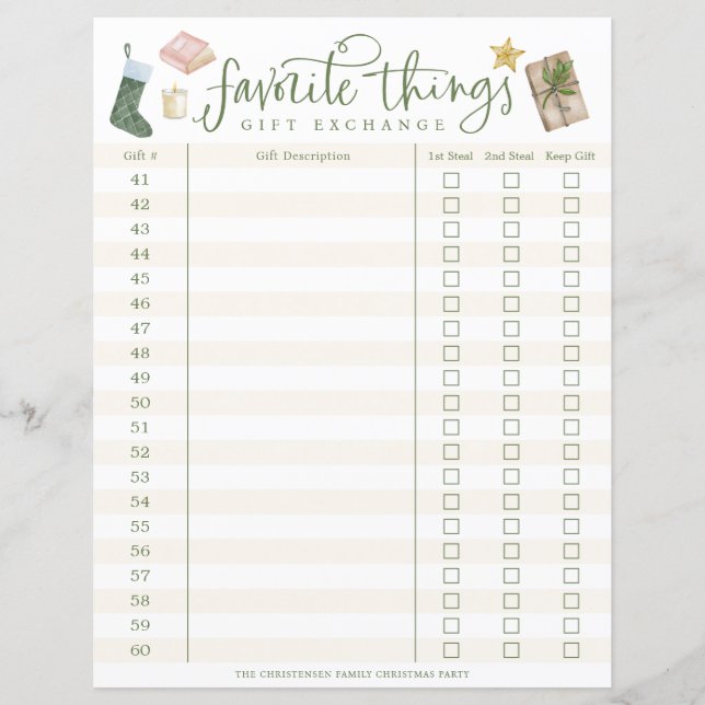 Favourite Things Gift Exchange Tracker #41-60 (Front)