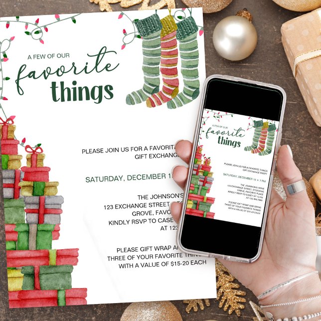 Favourite Things Stockings and Presents Holiday Invitation (Favorite Things Holiday Gift Exchange Party Invitation)
