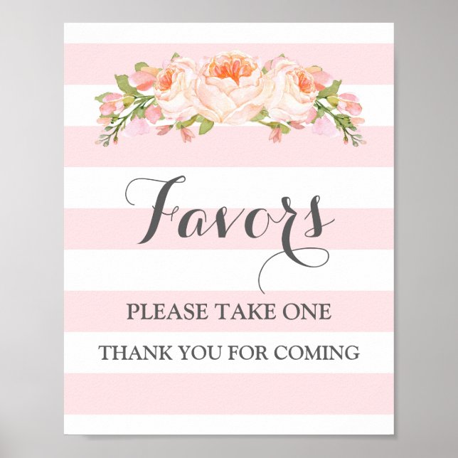 Favours Baby Shower Sign Pink Flowers Stripes (Front)