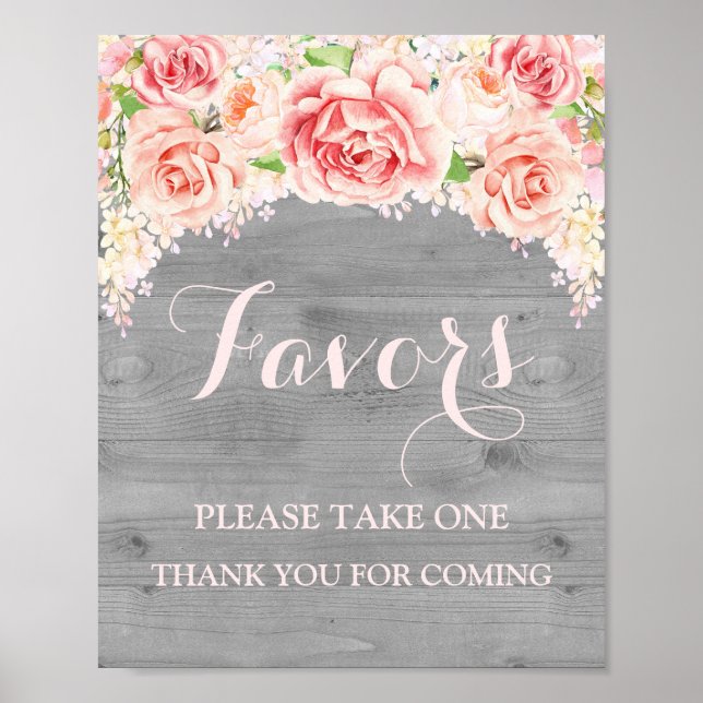 Favours Baby Shower Sign Pink Watercolor Wood (Front)