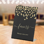 Favours black gold confetti pedestal sign<br><div class="desc">A black background decorated with faux gold confetti. Text: Favours. Please take one!</div>