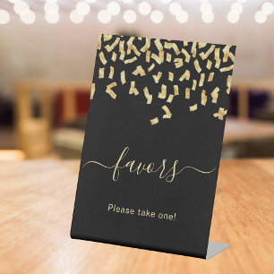 Favours black gold confetti pedestal sign