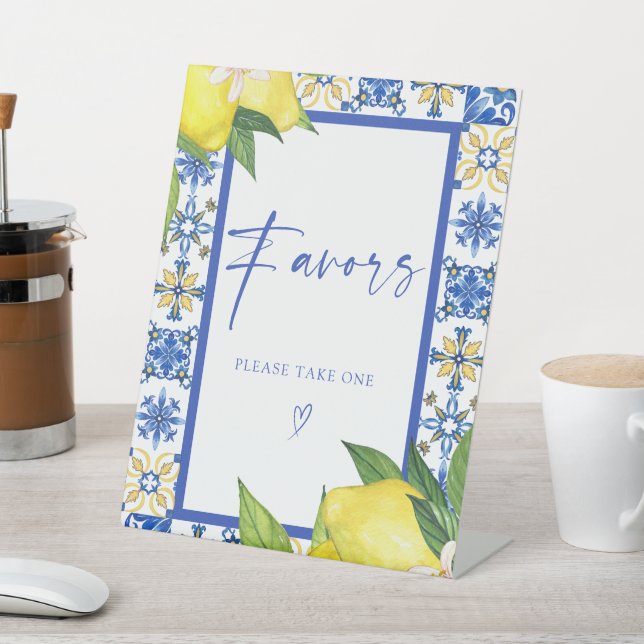 Favours Blue Tiles Lemons Bridal Shower Pedestal Sign (In SItu)