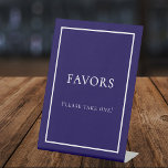 Favours blue white party pedestal sign<br><div class="desc">A dark blue background and a white frame. Text: Favours. Please take one!</div>